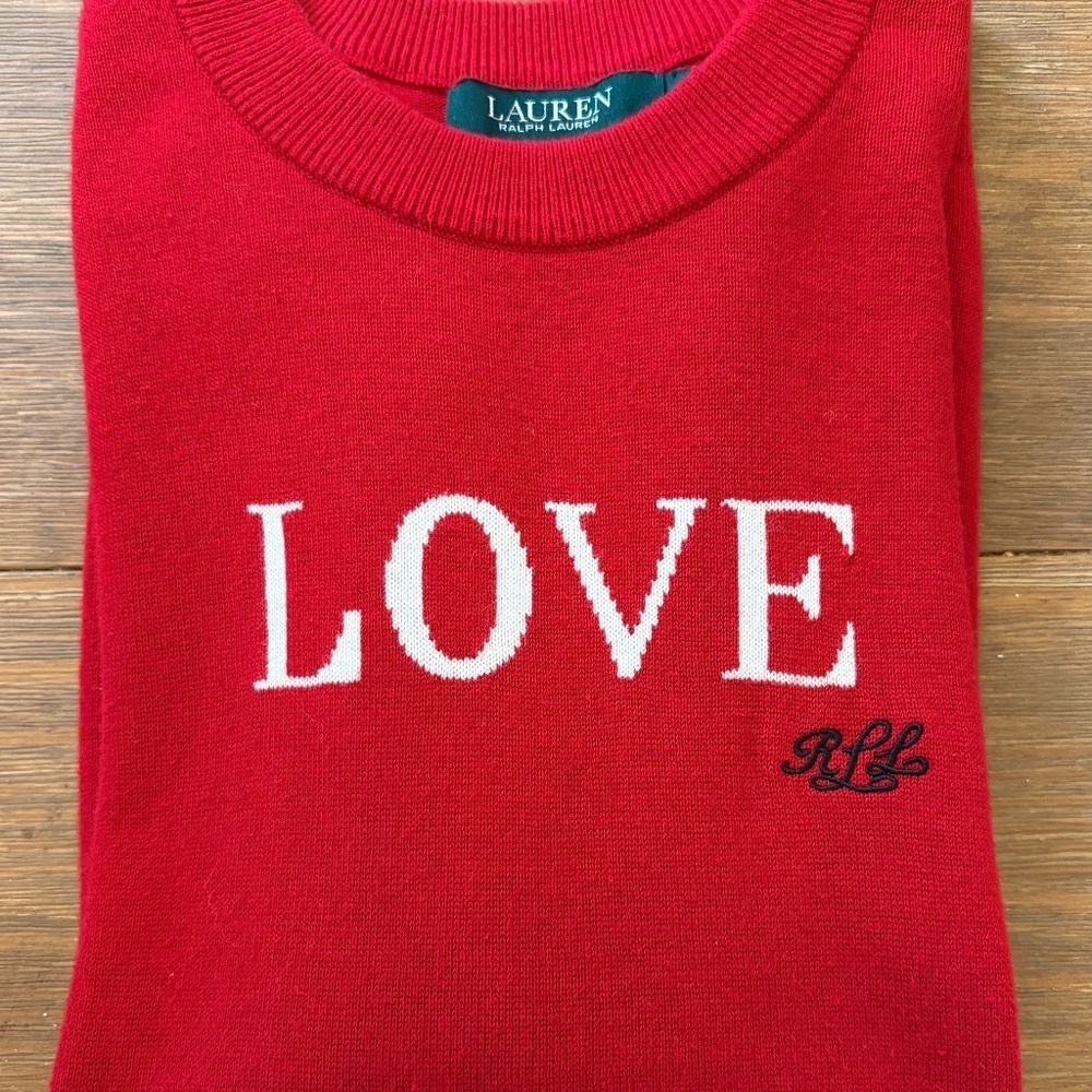 Lauren Ralph Lauren LOVE Sweater Red Knit Logo Pullover Womens Petite